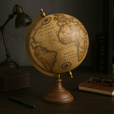 Globo decorativo retrò elegante su base in legno da 32 cm con possibilità di personalizzazione tramite incisione