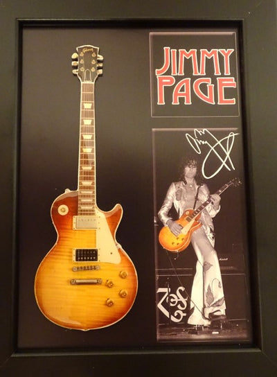 Mini chitarra in stile Jimmy Page con cornice FMG-012, possibilità di personalizzazione con incisione, ideale come regalo, cornice in legno 1,3 cm x 16 cm x 21,4 cm, mini chitarra in acciaio da appoggiare o appendere al muro