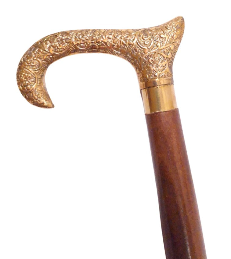 Bastone da Passeggio in Legno con Manico Dorato - Pieghevole - Regalo Elegante con Possibilità di Personalizzazione Incisa - 91,5 cm, Marrone con Impugnatura in Ottone
