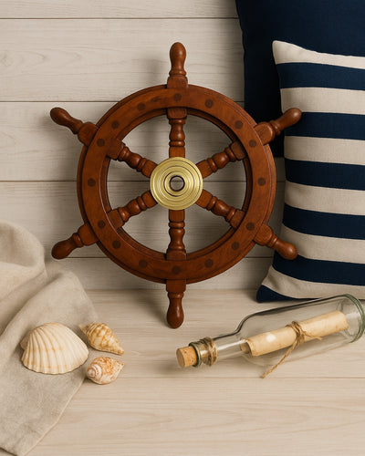Ruota del Timone in Legno con Inserto in Ottone e Spazio per Cuneo - Diametro 30 cm - Regalo Ideale con Possibilità di Personalizzazione Incisa - Stile Nautico e Retrò