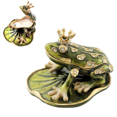 Scatoletta esclusiva in metallo a forma di rana con cristalli, verde scuro e oro, possibilità di personalizzazione tramite incisione, ideale come regalo, dimensioni 6,5x6,7x4,5 cm