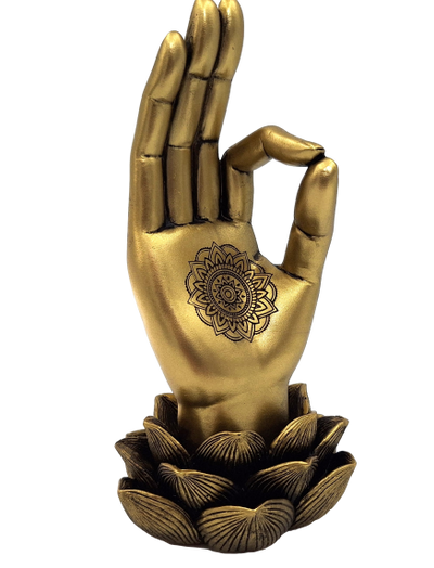 Figura dorata Mano di Buddha Mudra OM con incisione - elegante decorazione da regalo - fiore di loto, 21 cm, polyresina, stile glamour