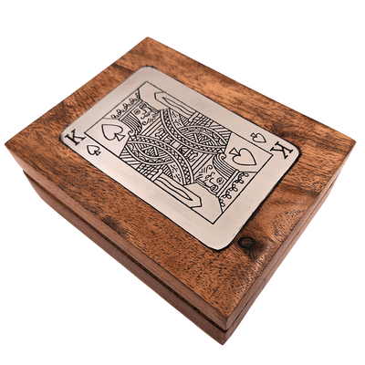Elegante mazzo di carte in scatola di legno decorativa con targhetta in alluminio a forma di re - incisione personalizzata - regalo ideale per appassionati di giochi di carte - dimensioni scatola 11,5 x 8 x 4 cm