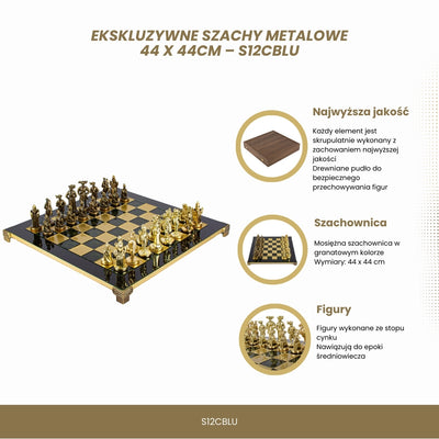 Scacchi esclusivi in metallo con scacchiera in ottone 44 x 44 cm – Figure medievali con possibilità di personalizzazione con incisione
