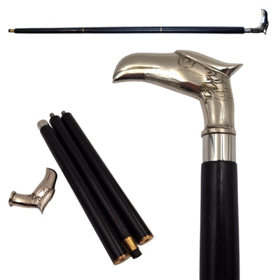 Bastone Pieghevole in Legno con Testa d’Aquila - Regalo Elegante con Possibilità di Personalizzazione Incisa, Lunghezza 91,5 cm, Nero con Impugnatura in Ottone e Argento