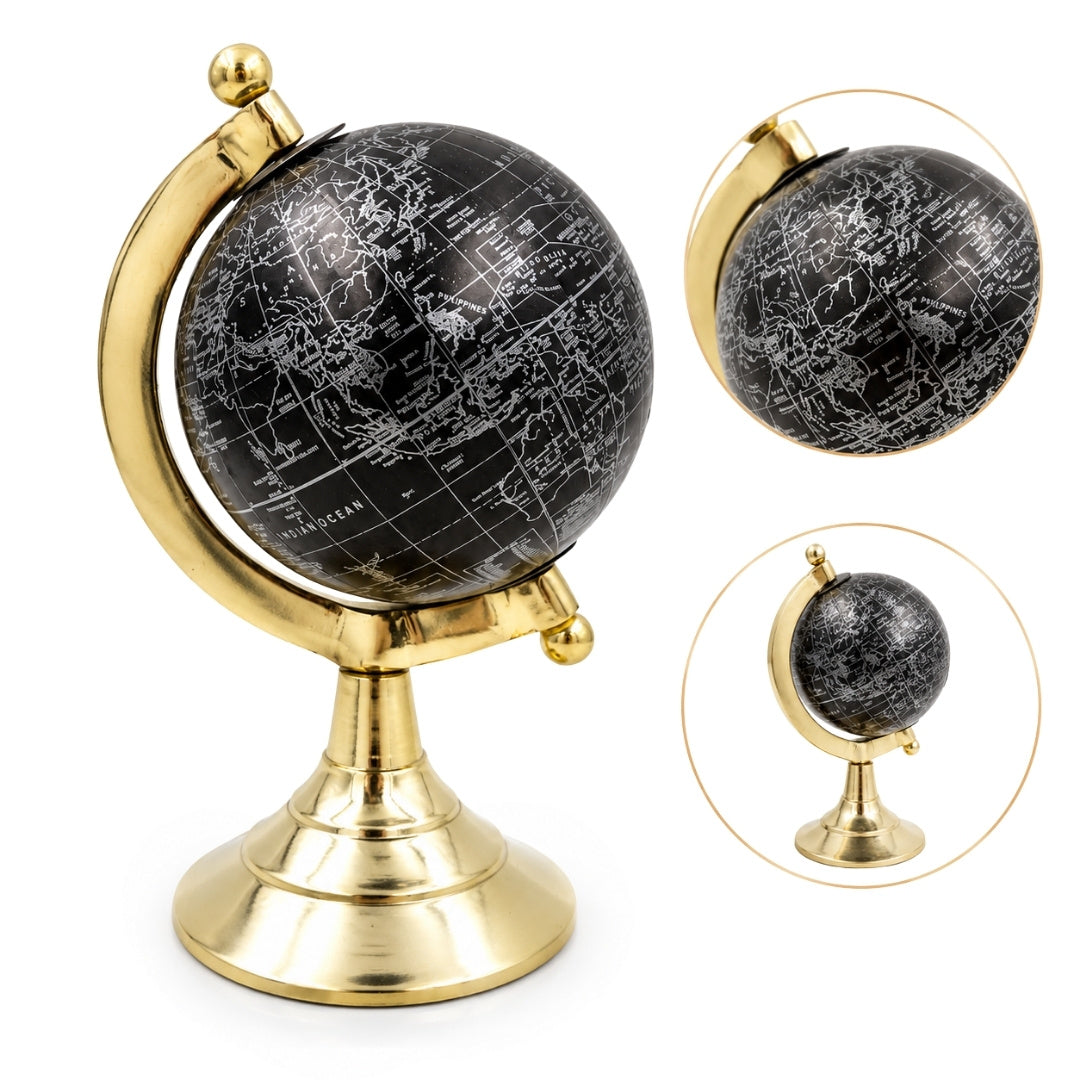Globo decorativo Black & Gold con incisione personalizzabile – elegante complemento regalo, altezza 20 cm, base in ottone, mappa nera con scritte argento
