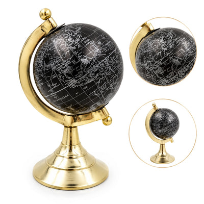 Globo decorativo Black & Gold con incisione personalizzabile – elegante complemento regalo, altezza 20 cm, base in ottone, mappa nera con scritte argento