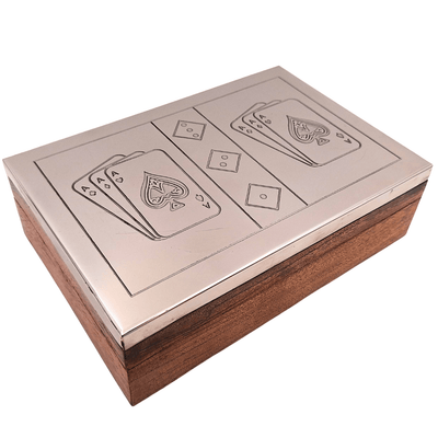 Elegante set di giochi con due mazzi di carte e dadi in scatola di legno con coperchio in alluminio