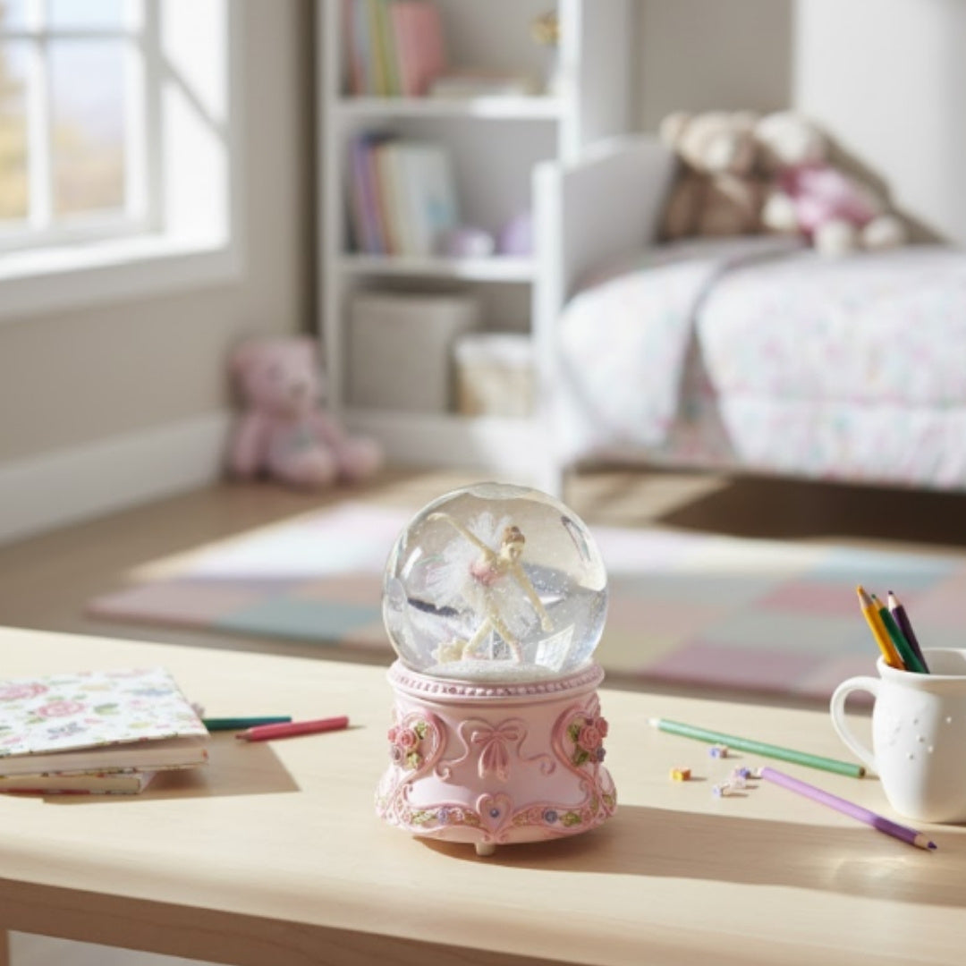 Ballerina danzante in sfera di vetro 15 cm con incisione personalizzata - elegante carillon con base pastello e melodia Lago dei Cigni