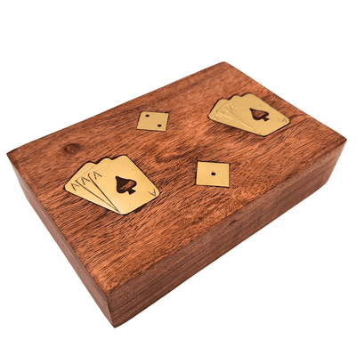 Elegante set di giochi di carte e dadi in scatola di legno con decorazioni in ottone
