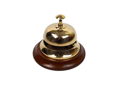 Gong in ottone per hotel su base in legno TB27/4 con possibilità di personalizzazione tramite incisione, elegante regalo in colore oro e marrone, altezza 11 cm, diametro 12 cm