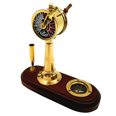Elegante Set da Scrivania con Incisione – Telegrafo a Macchina, Bussola e Portapenne con Base in Legno – Regalo Ideale per Velista, Manager o Appassionato di Stile Retrò – Ottone e Legno di Alta Qualità, Dimensioni 16,5 x 6 x 16,8 cm
