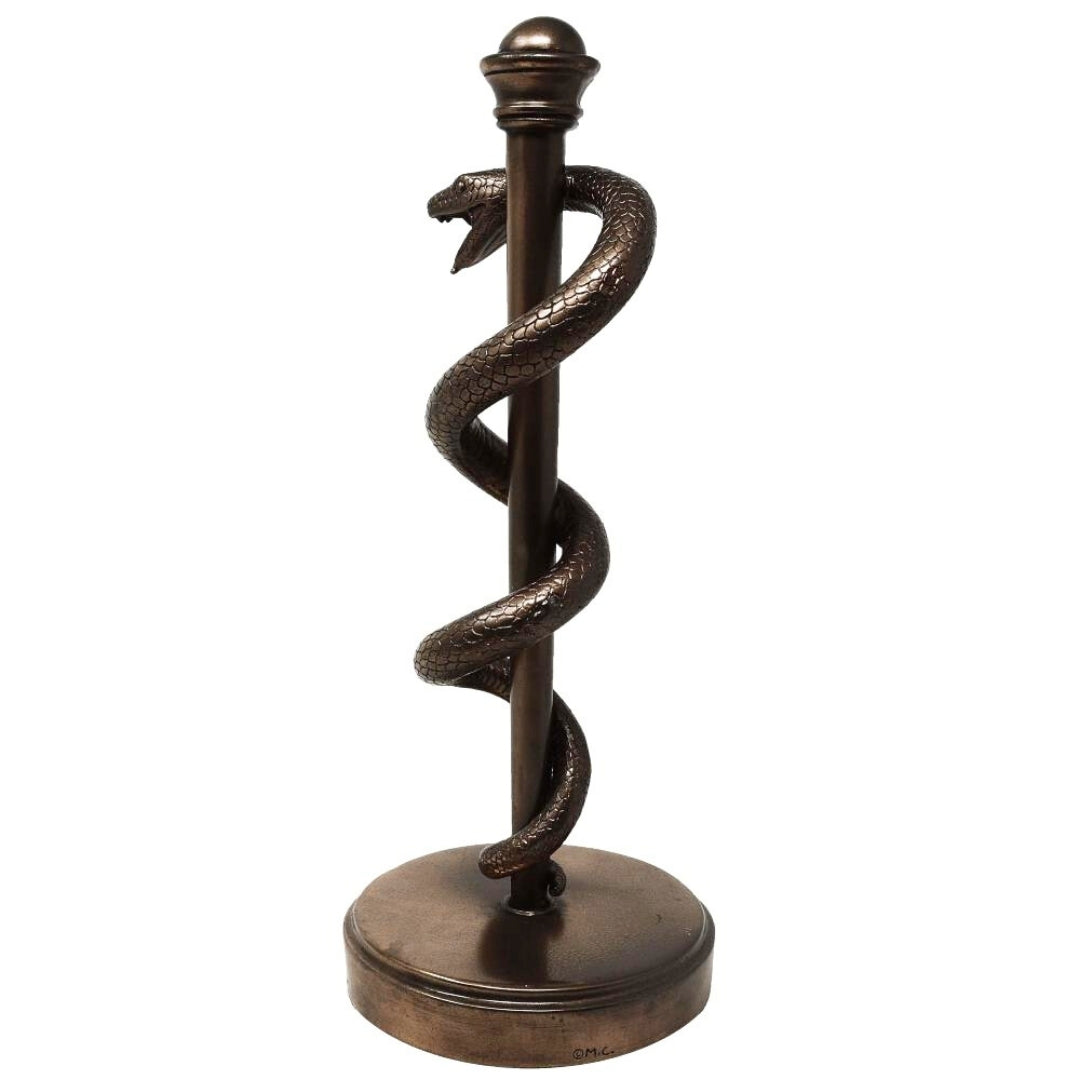 Figura Bastone di Esculapio 30 cm in resina - regalo personalizzato per medici, infermieri o farmacisti - decorazione marrone/ottone con incisione