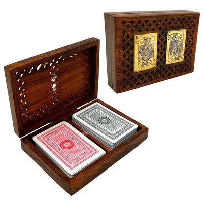 Elegante set di due mazzi di carte da gioco in scatola di legno con possibilità di personalizzazione tramite incisione