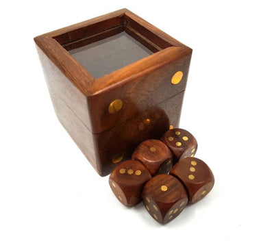Gioco di dadi in elegante scatola di legno con coperchio in vetro, possibilità di personalizzazione con incisione, ideale come regalo, 5x5 cm, per persone sopra i 14 anni