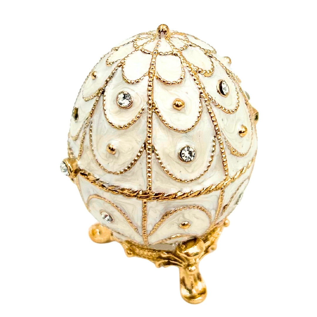 Esclusiva scatola uovo Fabergé in metallo con cristalli bianco-oro con possibilità di personalizzazione tramite incisione