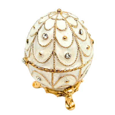 Esclusiva scatola uovo Fabergé in metallo con cristalli bianco-oro con possibilità di personalizzazione tramite incisione