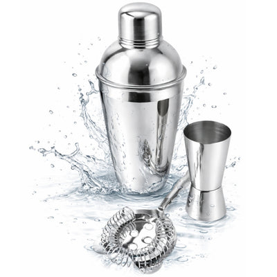Set da bar in acciaio 3 pezzi con possibilità di incisione personalizzata - Shaker 750 ml, Jigger 15/30 ml, Colino - regalo elegante per amanti dei cocktail, acciaio inox, colore argento
