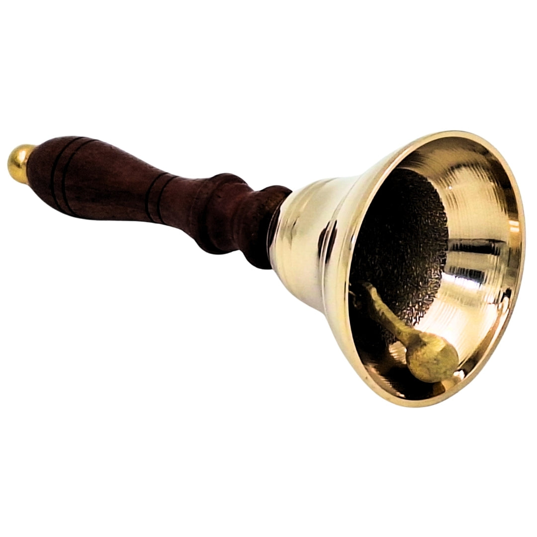 Campanello a mano in ottone con manico in legno in stile retrò – incisione personalizzata, ideale come regalo – altezza 16 cm, diametro 7,5 cm, oro e marrone
