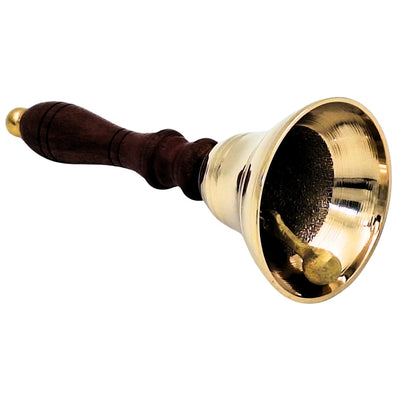 Campanello a mano in ottone con manico in legno in stile retrò – incisione personalizzata, ideale come regalo – altezza 16 cm, diametro 7,5 cm, oro e marrone