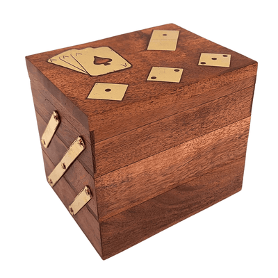 Elegante set di giochi 3 in 1 con incisione personalizzata - carte, dadi, domino in scatola di legno con decorazioni in ottone - regalo ideale per appassionati di giochi - dimensioni 12 x 9,5 x 10,5 cm