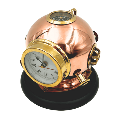 Orologio da Scrivania Elmo da Sub con Bussola - Ottone su Base in Legno con Possibilità di Incisione Personalizzata - Regalo Perfetto per Amanti del Mare e dello Stile Vintage - Altezza 16 cm, Diametro Orologio 8,5 cm