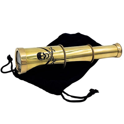 Cannocchiale da pirata con emblema – cannocchiale pieghevole in ottone con incisione – regalo ideale per giovani esploratori dei mari – altezza 15 cm, set con sacchetto in velluto