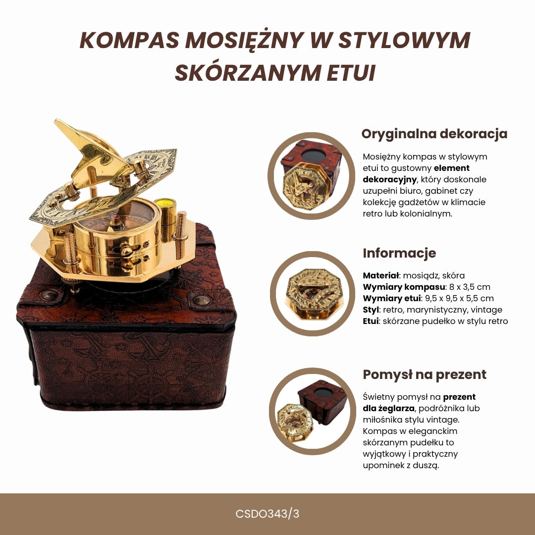 Bussola in ottone in elegante scatola di pelle con possibilità di incisione – regalo vintage retrò per viaggiatori e marinai - altezza 8 cm, design elegante in ottone