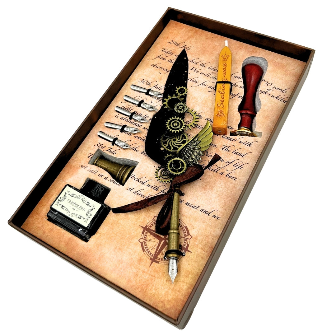 Set di Calligrafia Premium con Penna d'Oca, 6 Pennini Sostituibili, Sigillo e Supporto