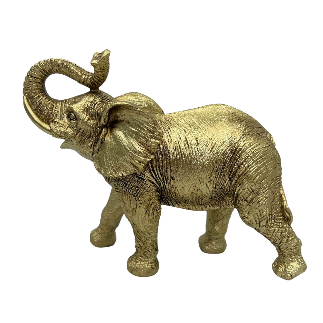 Elefante dorato con proboscide sollevata - elegante statuetta decorativa con possibilità di incisione personalizzata, perfetta come regalo - altezza 20,5 cm, materiale polyresina