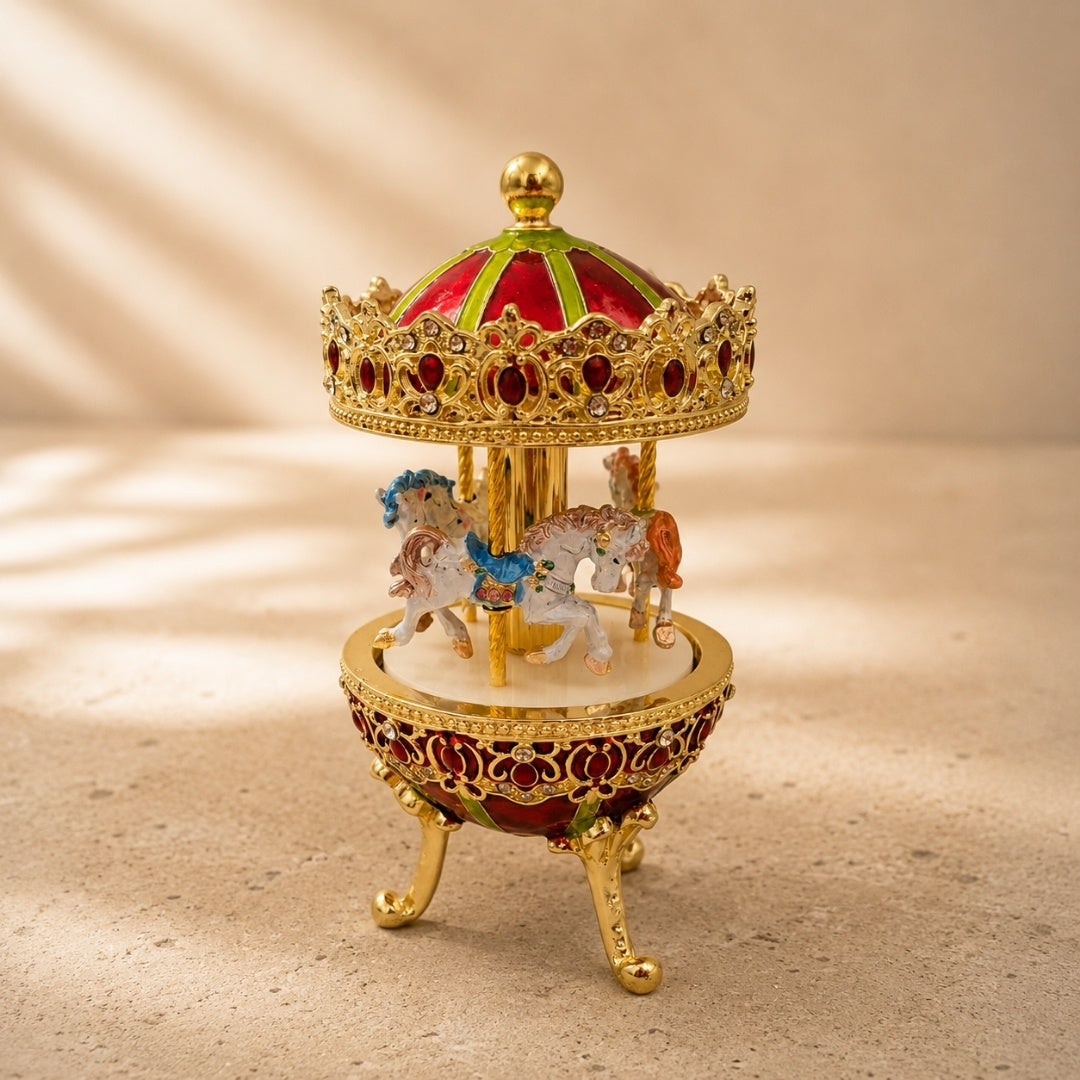 Carillon Musicale Giostra con Incisione - Elegante Decorazione in Oro e Rosso, 14 cm
