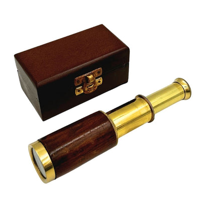 Cannocchiale in ottone con incisione in scatola di legno – elegante regalo in stile retrò, ideale per decorare ufficio o studio, altezza 15,5 cm, materiale: ottone e legno