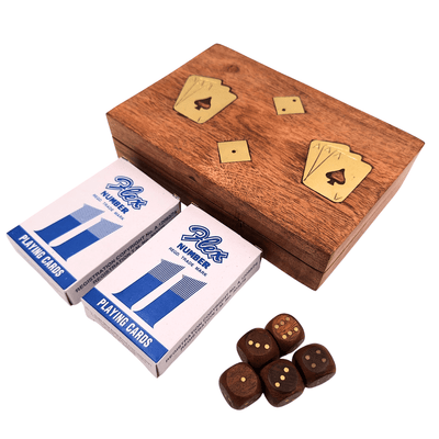Elegante set di giochi di carte e dadi in scatola di legno con decorazioni in ottone