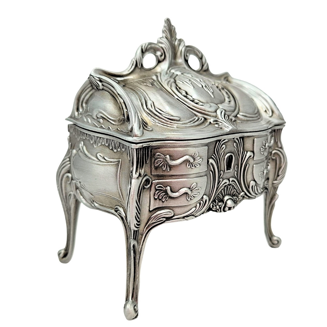 Scatola per Gioielli in Metallo Argento Retrò 2056M con Possibilità di Incisione - Regalo Elegante per la Festa della Mamma o Compleanno, Dimensioni 9,7 x 10 x 6,7 cm, Stile Rococò con Ornamenti Floreali