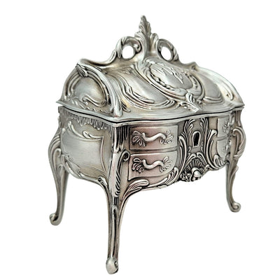 Scatola per Gioielli in Metallo Argento Retrò 2056M con Possibilità di Incisione - Regalo Elegante per la Festa della Mamma o Compleanno, Dimensioni 9,7 x 10 x 6,7 cm, Stile Rococò con Ornamenti Floreali