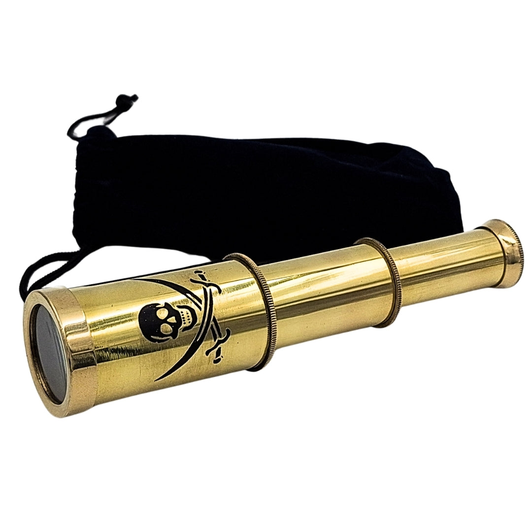 Cannocchiale da pirata con emblema – cannocchiale pieghevole in ottone con incisione – regalo ideale per giovani esploratori dei mari – altezza 15 cm, set con sacchetto in velluto
