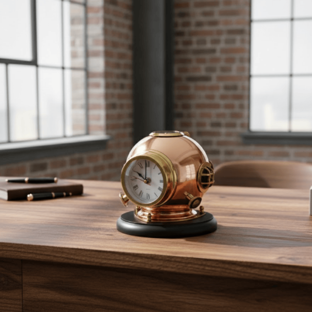 Orologio da Scrivania Elmo da Sub con Bussola - Ottone su Base in Legno con Possibilità di Incisione Personalizzata - Regalo Perfetto per Amanti del Mare e dello Stile Vintage - Altezza 16 cm, Diametro Orologio 8,5 cm