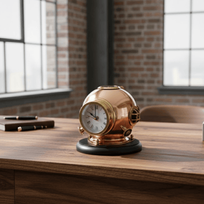 Orologio da Scrivania Elmo da Sub con Bussola - Ottone su Base in Legno con Possibilità di Incisione Personalizzata - Regalo Perfetto per Amanti del Mare e dello Stile Vintage - Altezza 16 cm, Diametro Orologio 8,5 cm