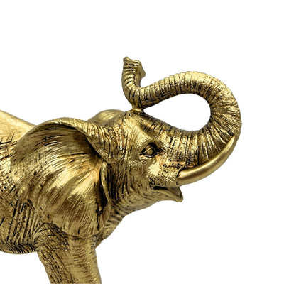 Elefante dorato con proboscide sollevata - elegante statuetta decorativa con possibilità di incisione personalizzata, perfetta come regalo - altezza 20,5 cm, materiale polyresina