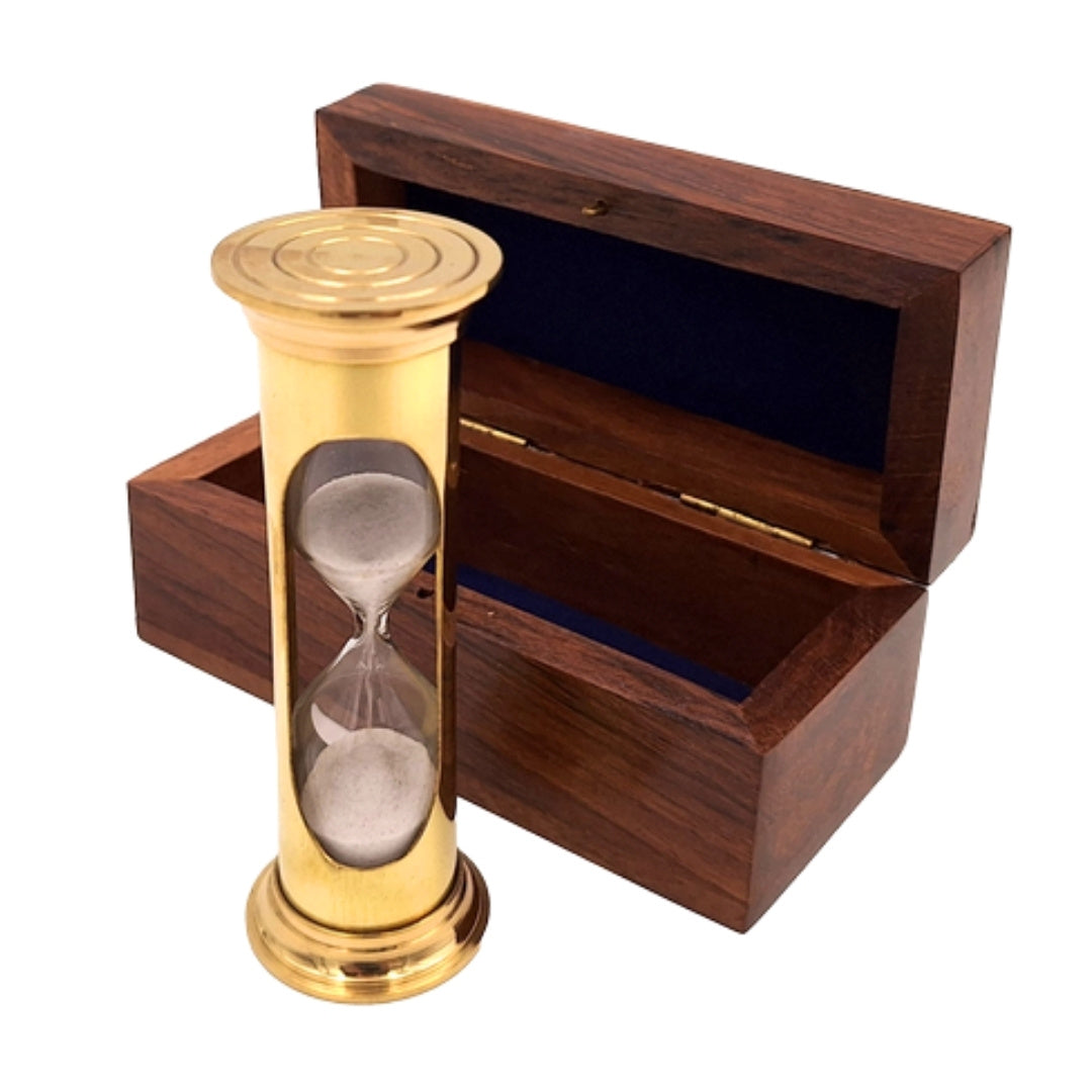 Clessidra di sabbia ROUND STP99 in scatola di legno con possibilità di personalizzazione tramite incisione, in ottone dorato, 3 minuti, regalo ideale per gli appassionati di RPG e detentori di record Guinness