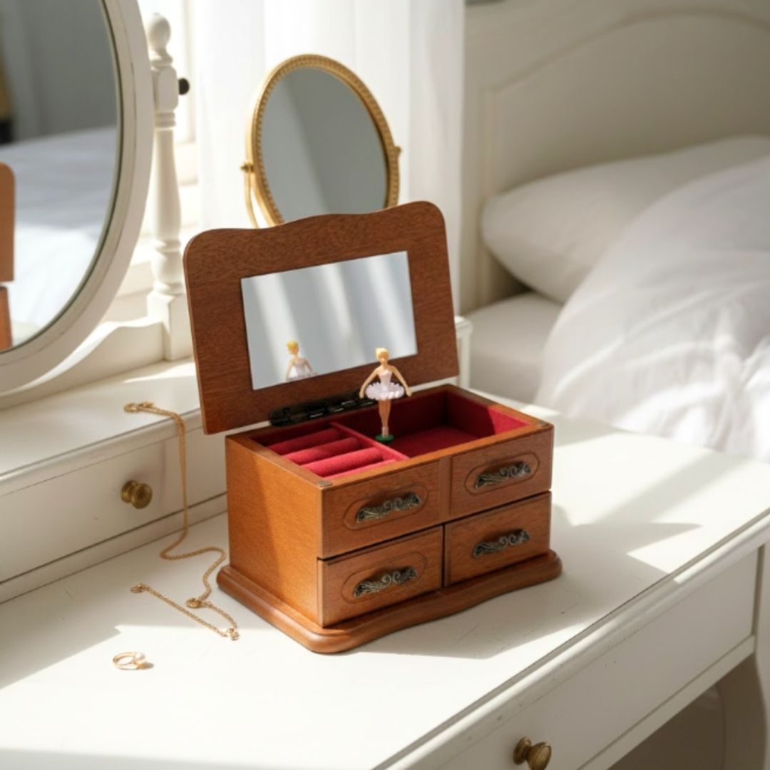 Carillon-portagioie in legno con specchietto e incisione: elegante regalo per gioielli con due cassetti, altezza 10 cm, melodia "The Entertainer"