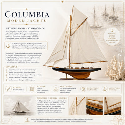 Modello di yacht Columbia con velatura a gaf, altezza 104 cm, in legno, con possibilità di personalizzazione con incisione