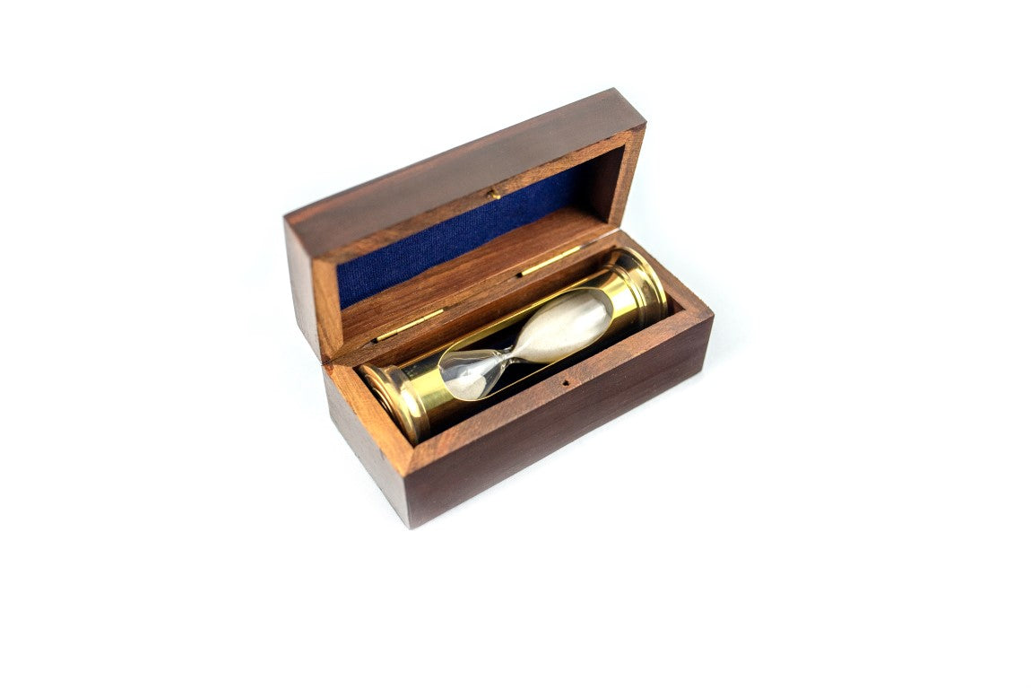 Clessidra di sabbia ROUND STP99 in scatola di legno con possibilità di personalizzazione tramite incisione, in ottone dorato, 3 minuti, regalo ideale per gli appassionati di RPG e detentori di record Guinness