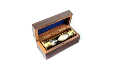 Clessidra di sabbia ROUND STP99 in scatola di legno con possibilità di personalizzazione tramite incisione, in ottone dorato, 3 minuti, regalo ideale per gli appassionati di RPG e detentori di record Guinness
