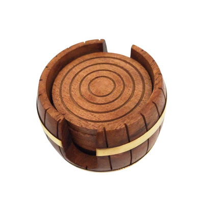Sottobicchieri in legno con incisione - Set Barile con 6 sottobicchieri e contenitore con decorazioni in ottone