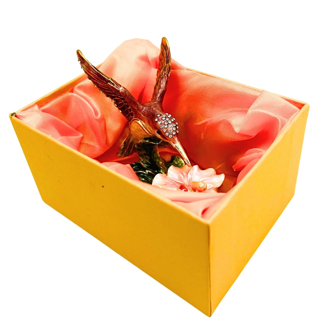 Esclusiva scatola portagioie Colibrì con cristalli, incisione personalizzata, metallo, 8x5,5x7 cm
