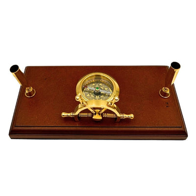 Set da Scrivania Marinaro con Incisione – Timone, Bussola, Portapenne in Legno Lucidato e Ottone