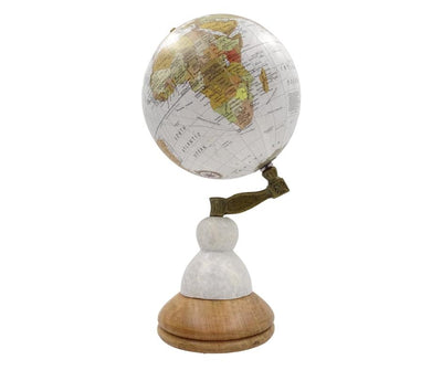 Globo decorativo Voyager su base in marmo e legno con opzione di incisione personalizzata – Regalo elegante per amanti dei viaggi, altezza 32 cm, diametro 15,5 cm, mappa bianca con continenti colorati