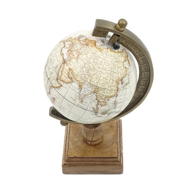 Globo Decorativo Stile Amundsen su Base in Legno con Incisione - Elegante Decorazione per Interni Classici, Loft e Coloniali, Ideale come Regalo - Altezza 26,5 cm, Colore Bianco-Marrone, Accento Educativo in Lingua Inglese