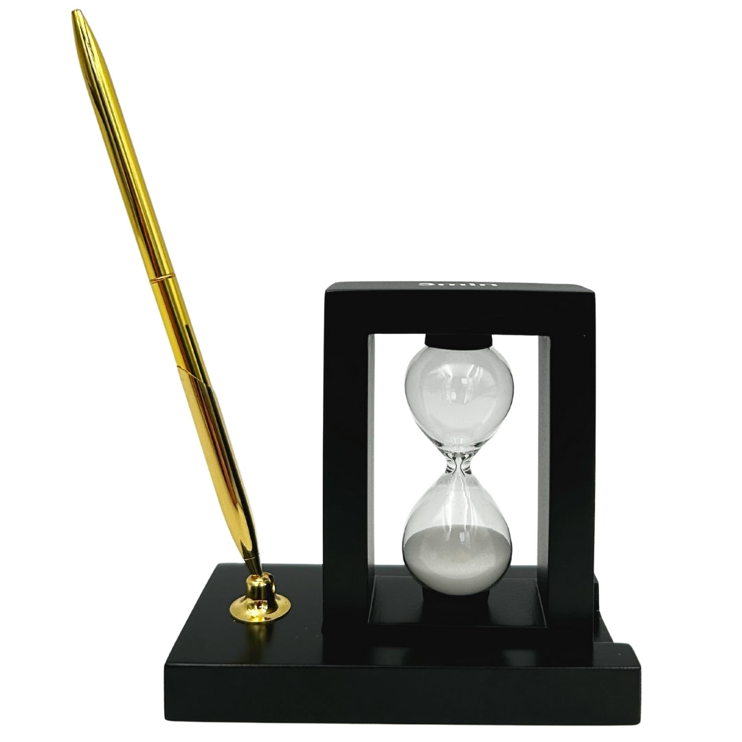 Set decorativo da scrivania con clessidra da 3 minuti e portapenne con incisione